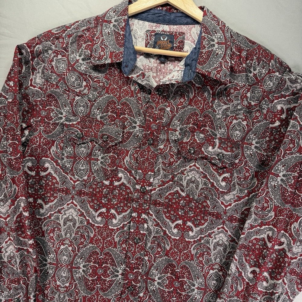 Moon Shine Spirit Pearl Snap Shirt Men Large Red Paisley Sawtooth Pocket Western